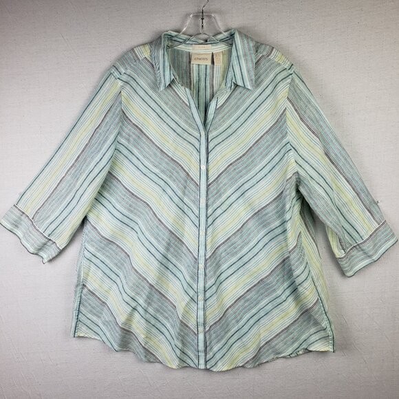 CHICO'S 100% Linen Shirt Tunic Blouse Striped Bias Cut size XL/18 Boho Resort - Picture 1 of 12